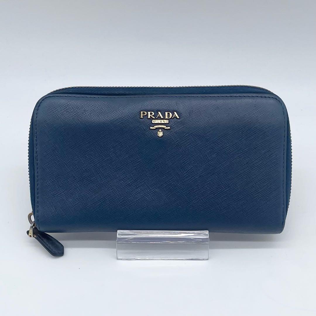【極美品】 PRADA レザー サフィアーノ 長財布 金ロゴ ネイビーブルー