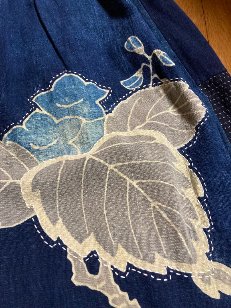 古布リメイクハンドメイド　藍染筒がき型染めはぎはぎスカート