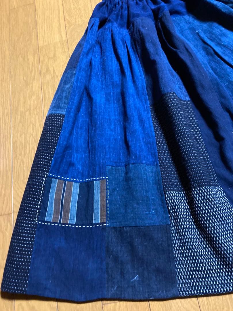 古布リメイクハンドメイド　藍染筒がき型染めはぎはぎスカート