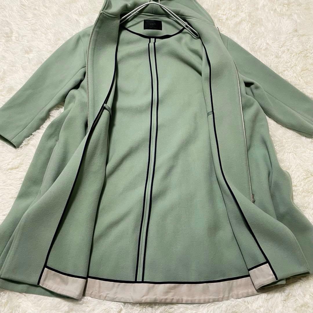 美品 Yori Aライン フード ウール ロング コート 38 M グリーン