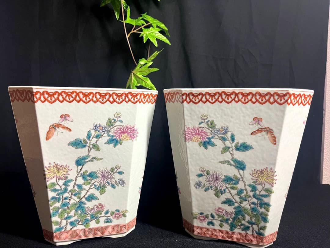 中国美術 磁器 粉彩古盆器 植木本 盆栽鉢 古陶磁器 2点セット