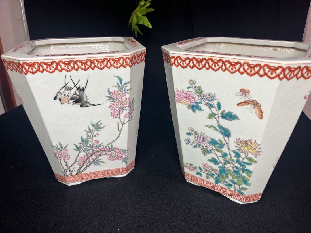 中国美術 磁器 粉彩古盆器 植木本 盆栽鉢 古陶磁器 2点セット