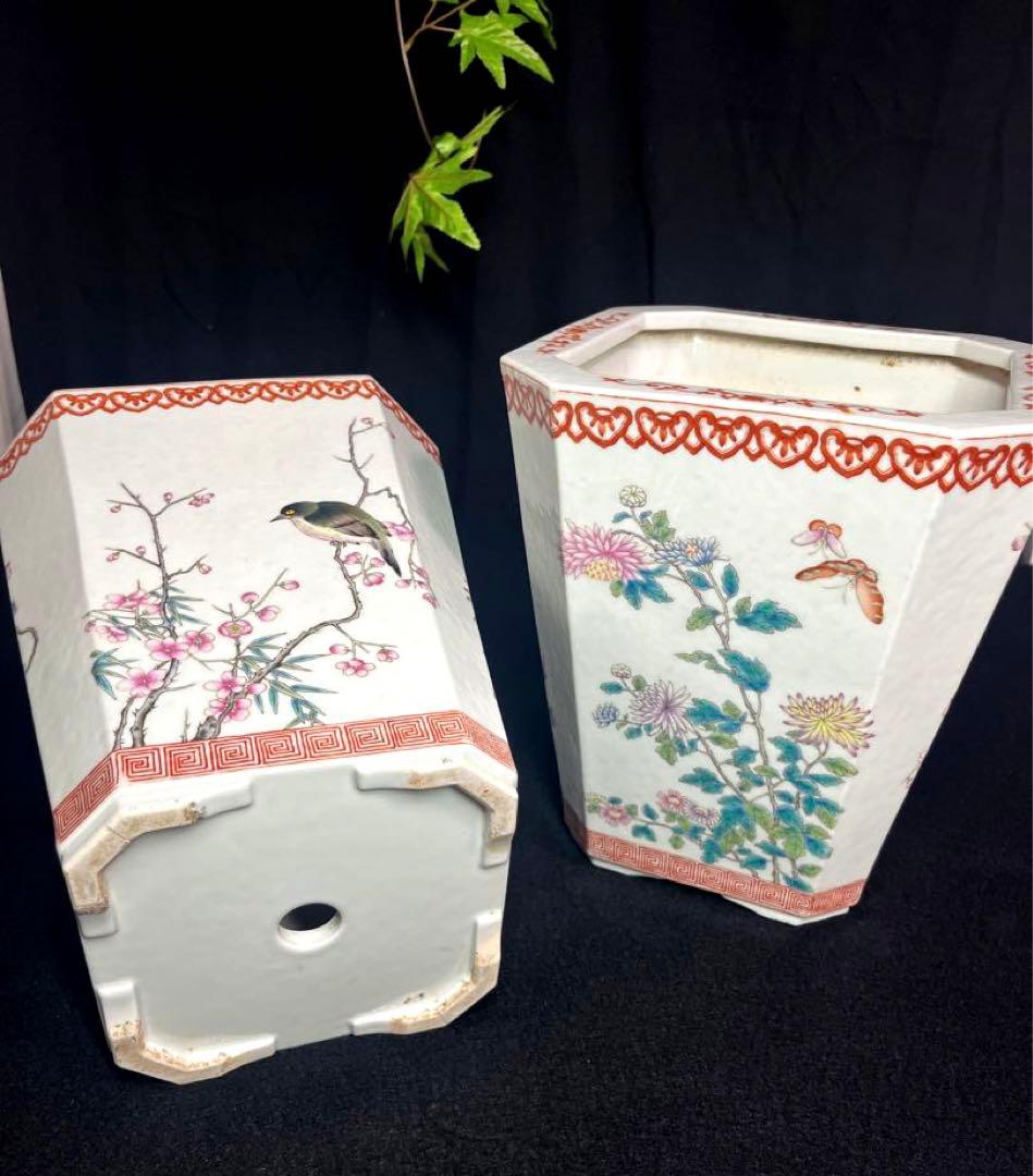中国美術 磁器 粉彩古盆器 植木本 盆栽鉢 古陶磁器 2点セット