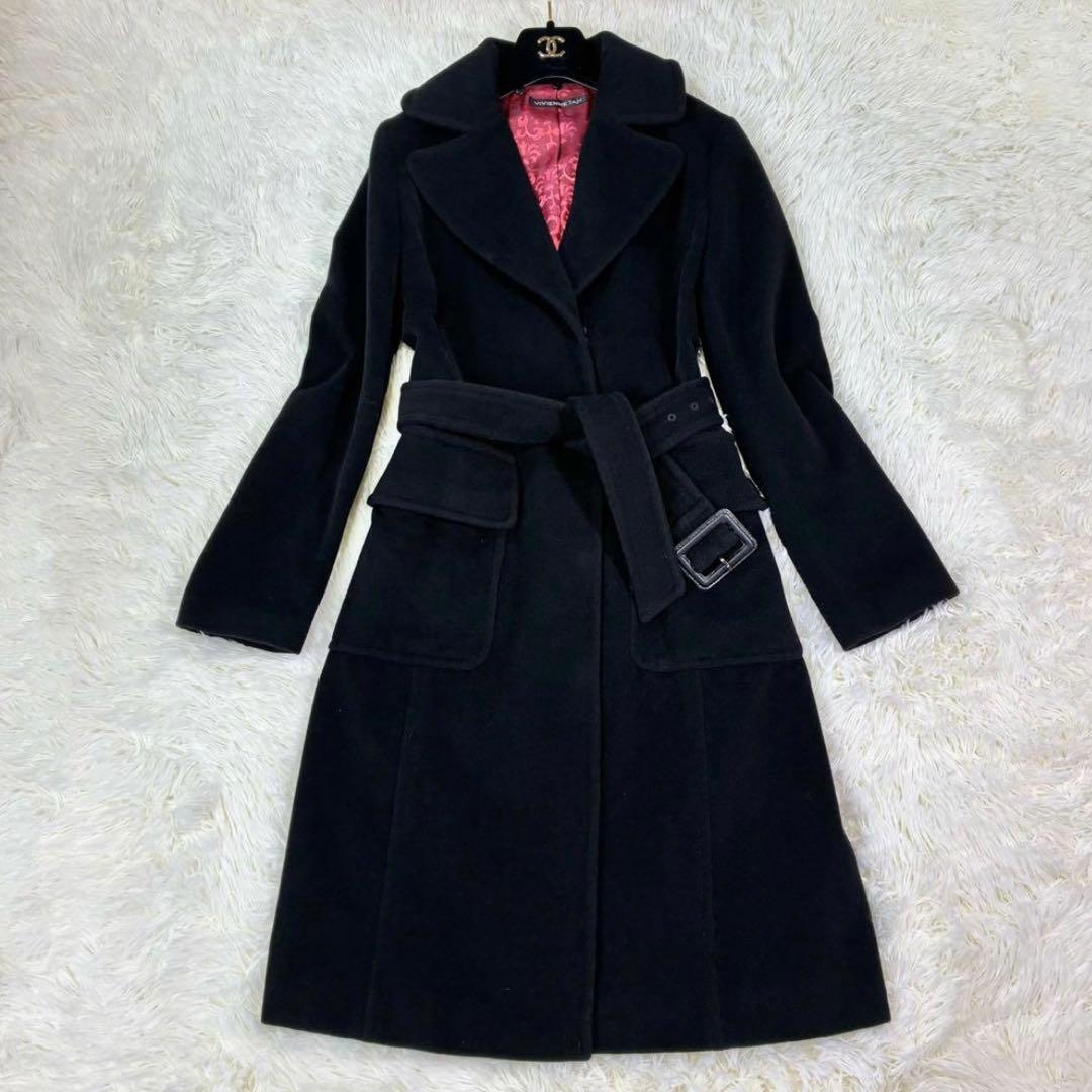 ヴィヴィアンタム ロングコート アンゴラ ベルト 裏地派手 0 黒 赤