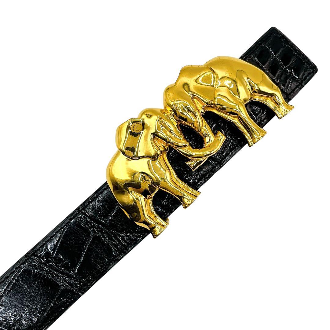 良品 エルメス クロコ エレファントバックル ベルト 75 ブラック ゴールド