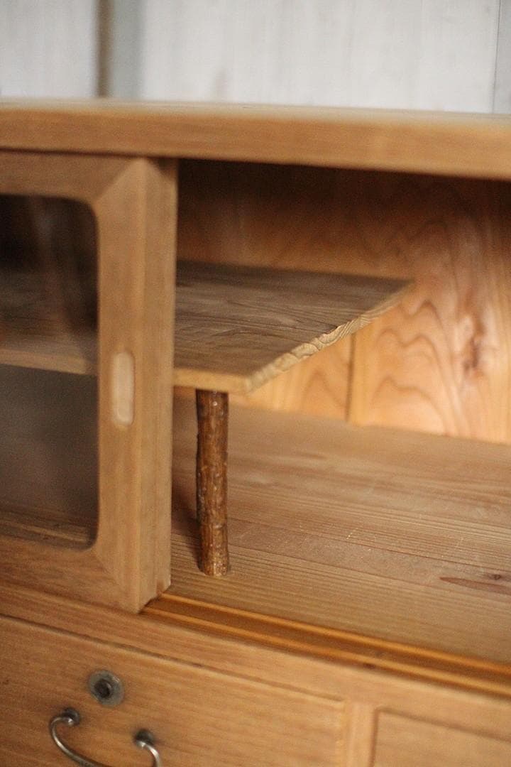 古いガラス戸棚×木製小引き出し3杯 ローチェスト 食器棚 古家具