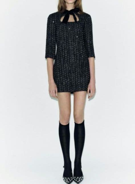 タグ付きZARA　ZWコレクション ベルベットリボンワンピース　ツイード　S