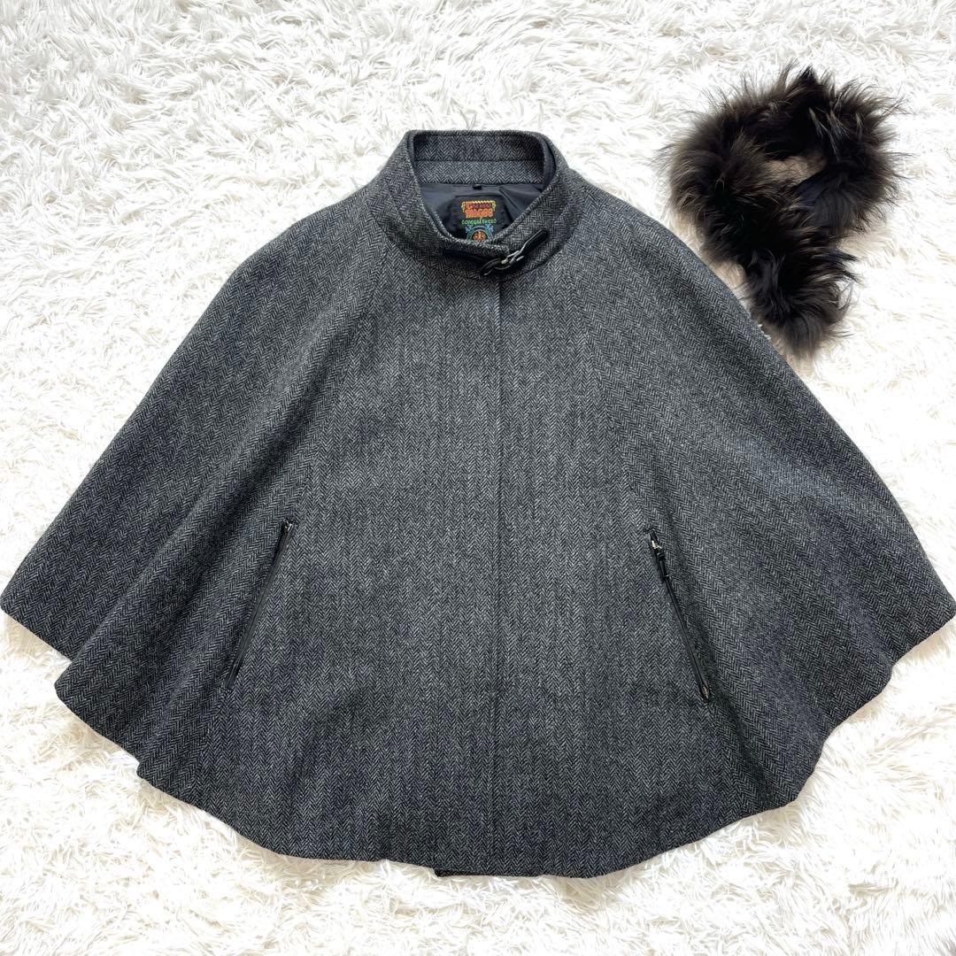 23区 ポンチョ　ケープ　ヘリンボーン　リアルファー　ラクーン　44