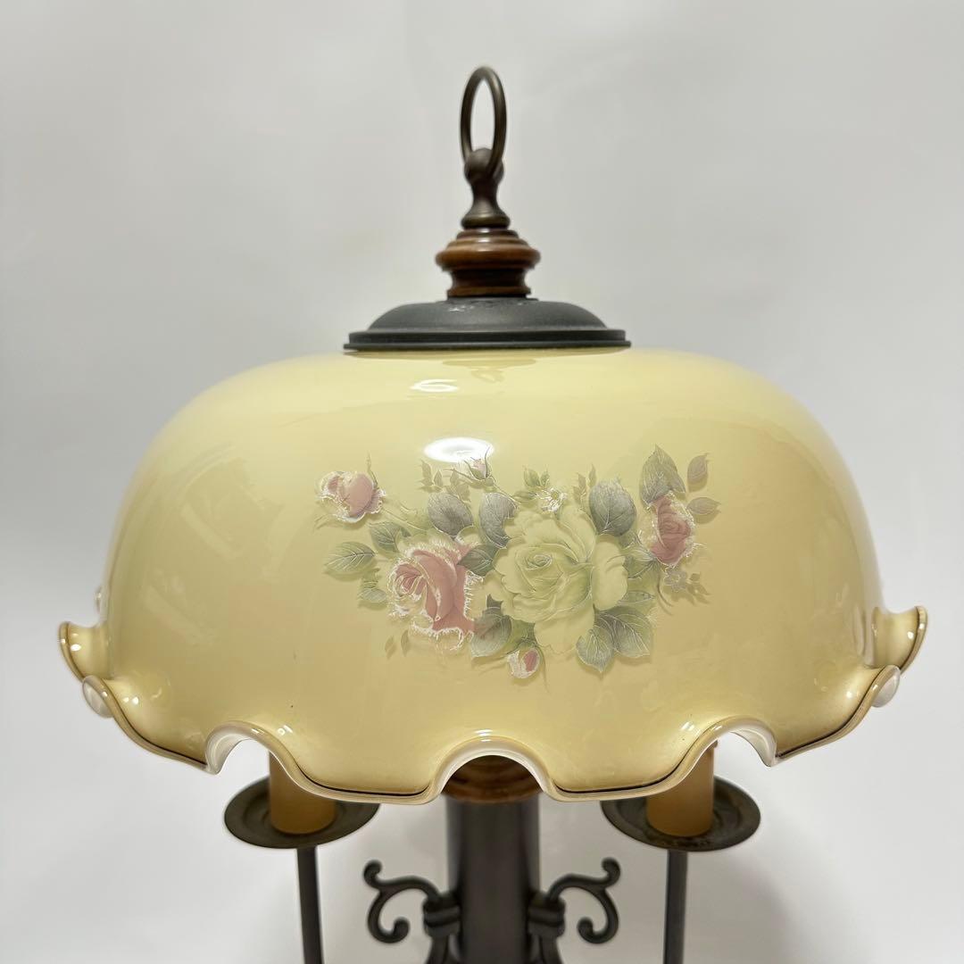 イタリア製 花柄 イエローグラスランプ3灯 ローズ アンティーク 輸入品