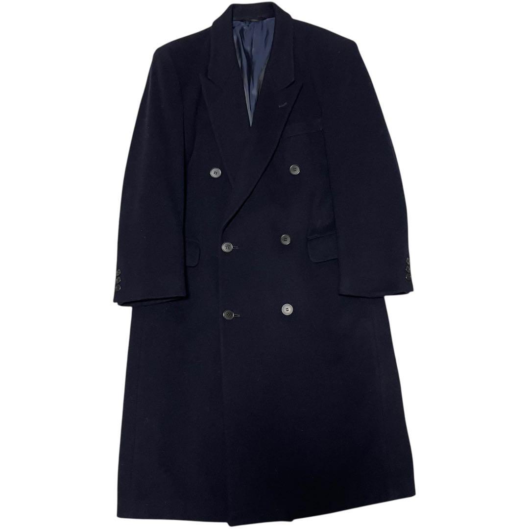【カシミヤ20%×極美品×日本製】マキシ丈ロングダブルチェスターコート 濃紺 S