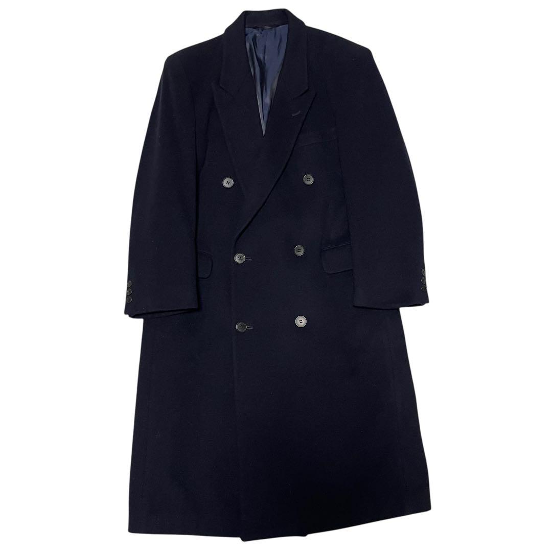 【カシミヤ20%×極美品×日本製】マキシ丈ロングダブルチェスターコート 濃紺 S