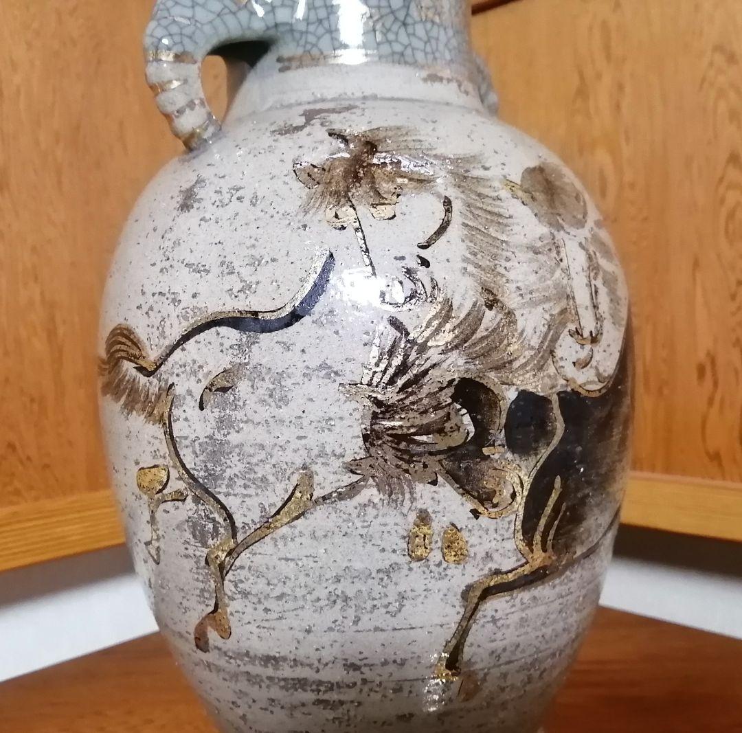 相馬焼 双駒 金彩 双耳大花瓶 希少品 大正期頃 高さ