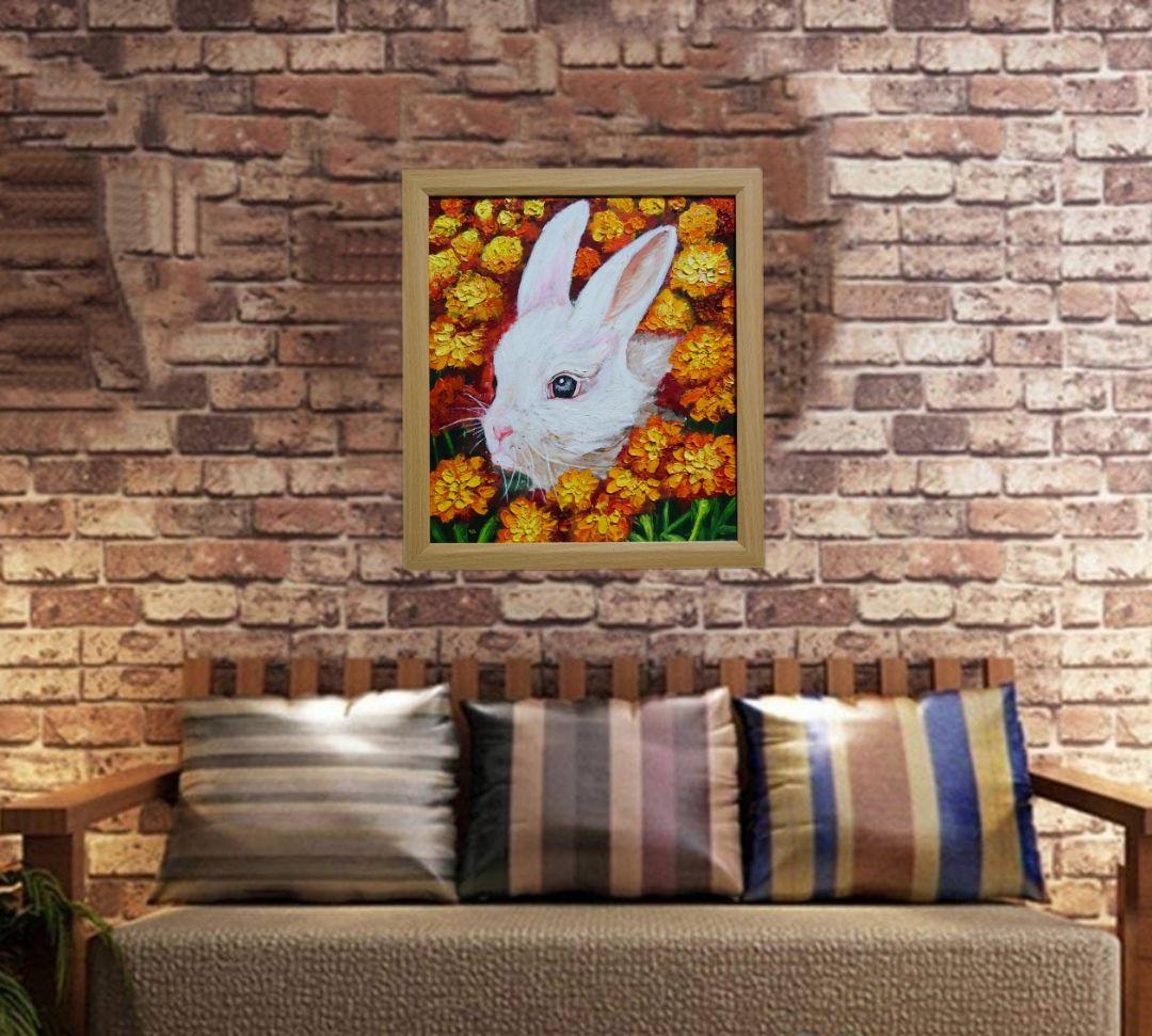 油絵 絵画【マリーゴールドのうさぎ】