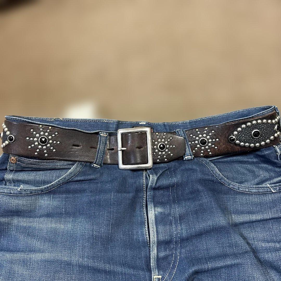 34inch ピーナッツ HTC スティングレイ レザースタッズベルト 茶芯