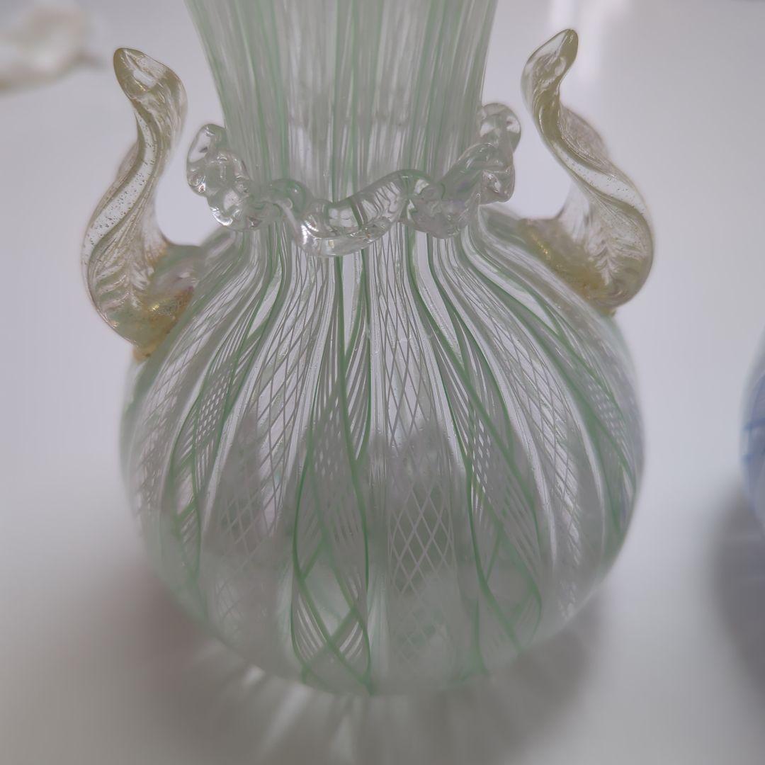 ガラス製花瓶 緑と青のストライプ ベネチア製