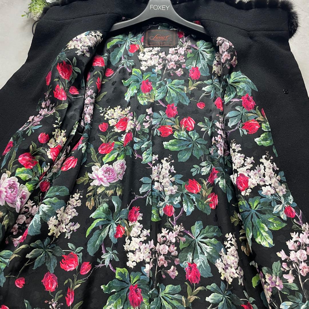 カシミヤ100%✨ロングコート ミンクファー シルク 黒 花柄 総柄 9号 M
