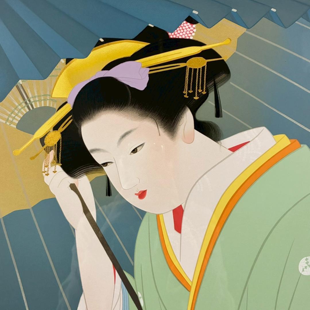 美品 上村松園「雪」シルクスクリーン 上村淳之監修 証明シール有 額縁