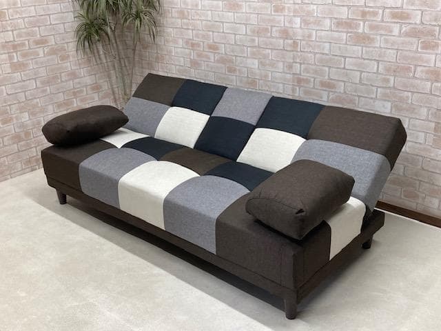 ソファーベッド　小テーブル付き　パッチワーク柄　ブラウンMIX　ソファ　新品