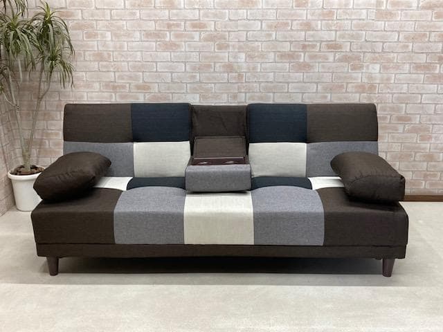 ソファーベッド　小テーブル付き　パッチワーク柄　ブラウンMIX　ソファ　新品