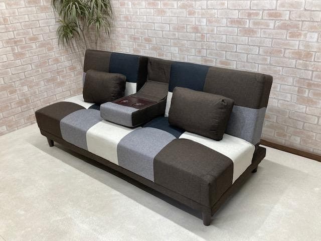 ソファーベッド　小テーブル付き　パッチワーク柄　ブラウンMIX　ソファ　新品