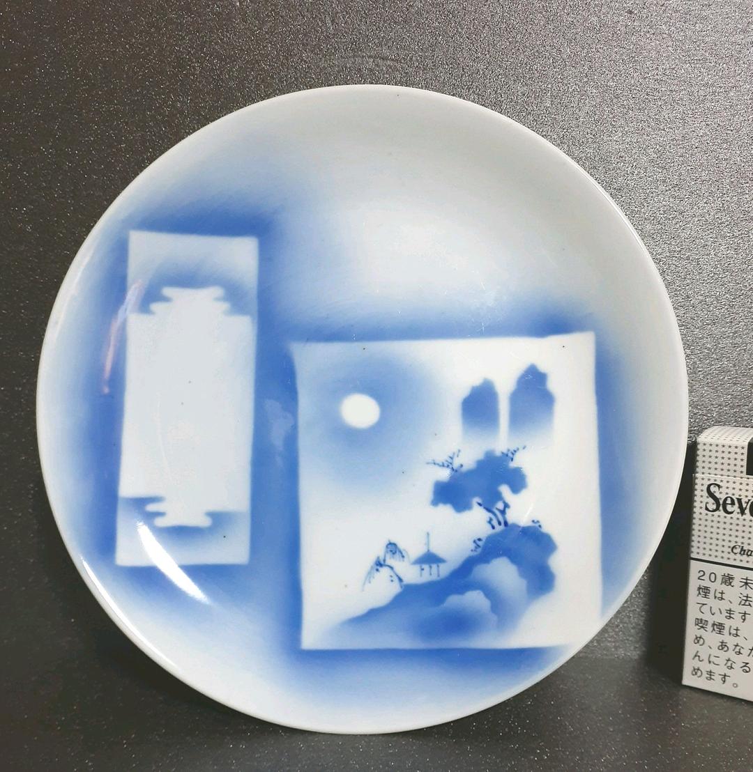 明治時代～大正初期 オールド深川製磁 吹墨技法 山水図 上作品 21.0cm