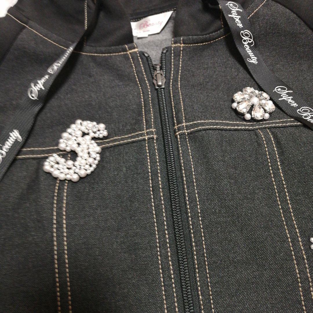 スーパービューティービジュー パールフード付きコート ワンピース 40 黒