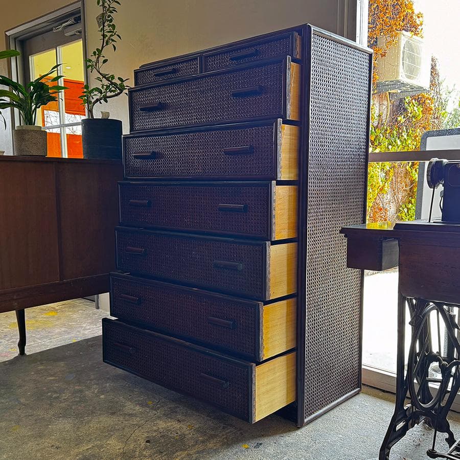 希少 お洒落な 網代引戸箪笥 家具 7段 和モダン アジアン ラタン