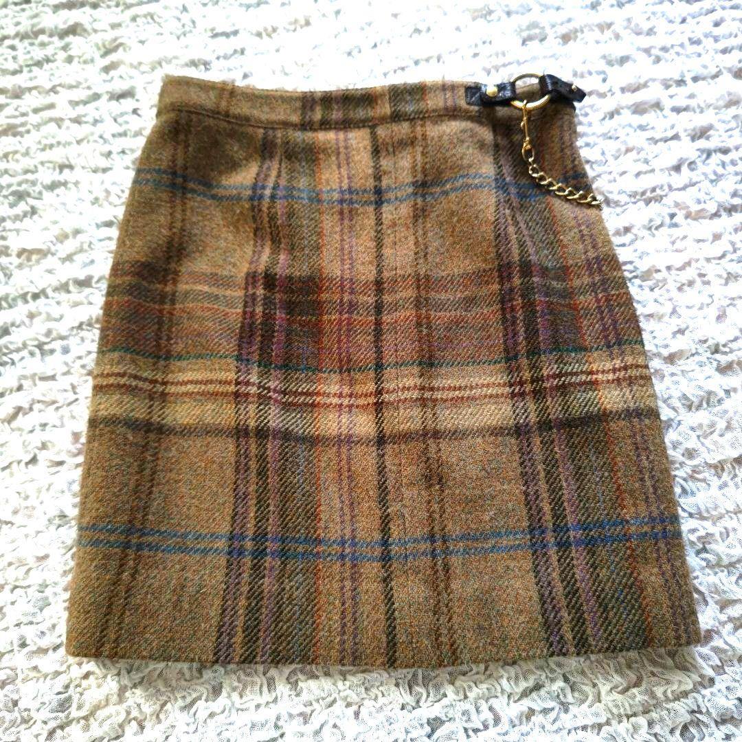 ラルフローレン　ウールアルパカ　チェック　ロゴ入り金具チェーン付　ミニスカート