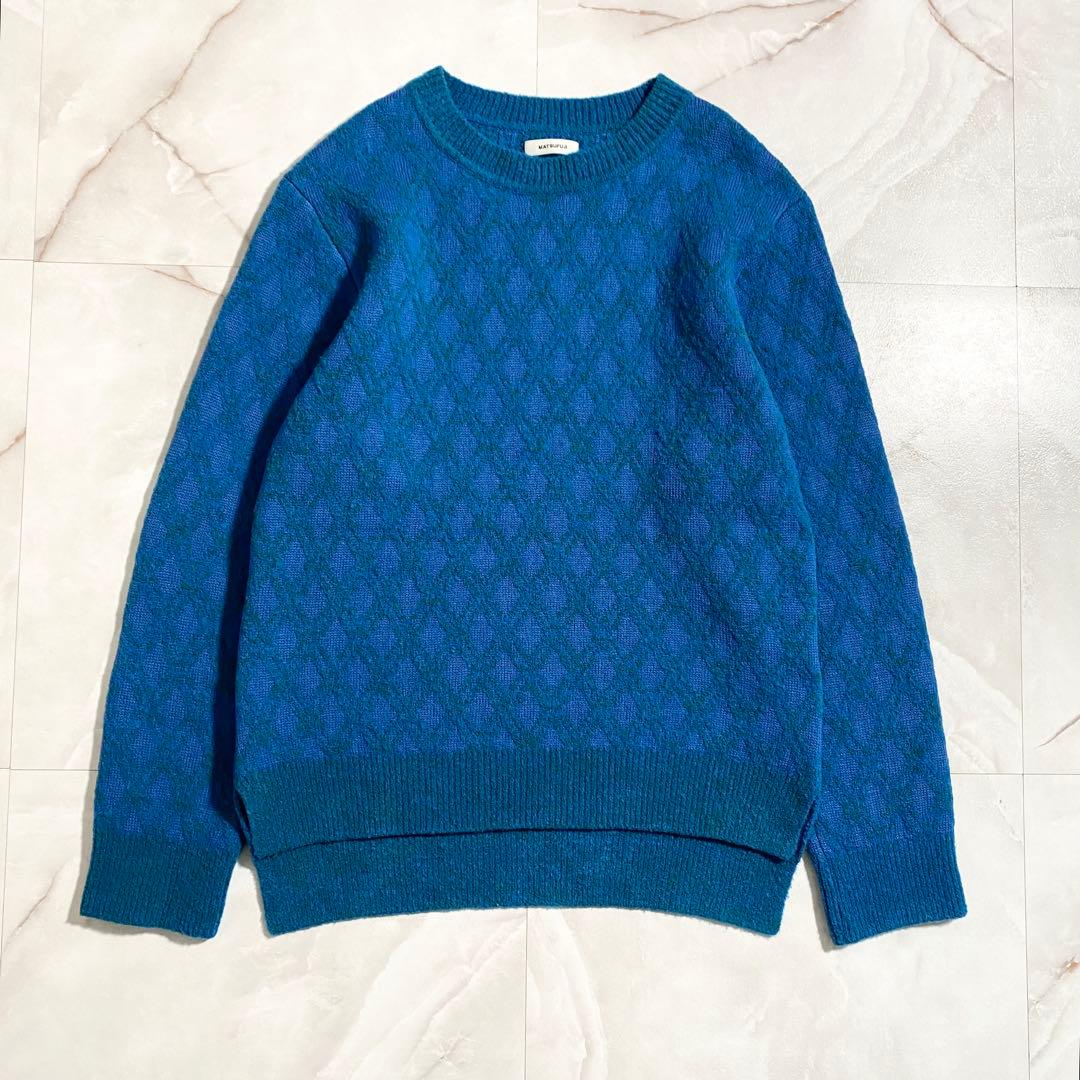 A18307 美品 マツフジ メランジジャカードクルーネックニット 青3