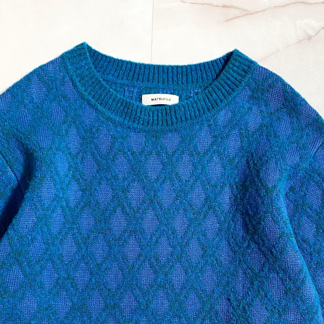A18307 美品 マツフジ メランジジャカードクルーネックニット 青3