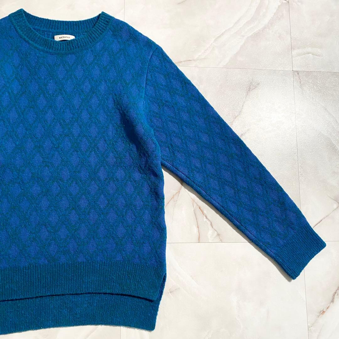 A18307 美品 マツフジ メランジジャカードクルーネックニット 青3