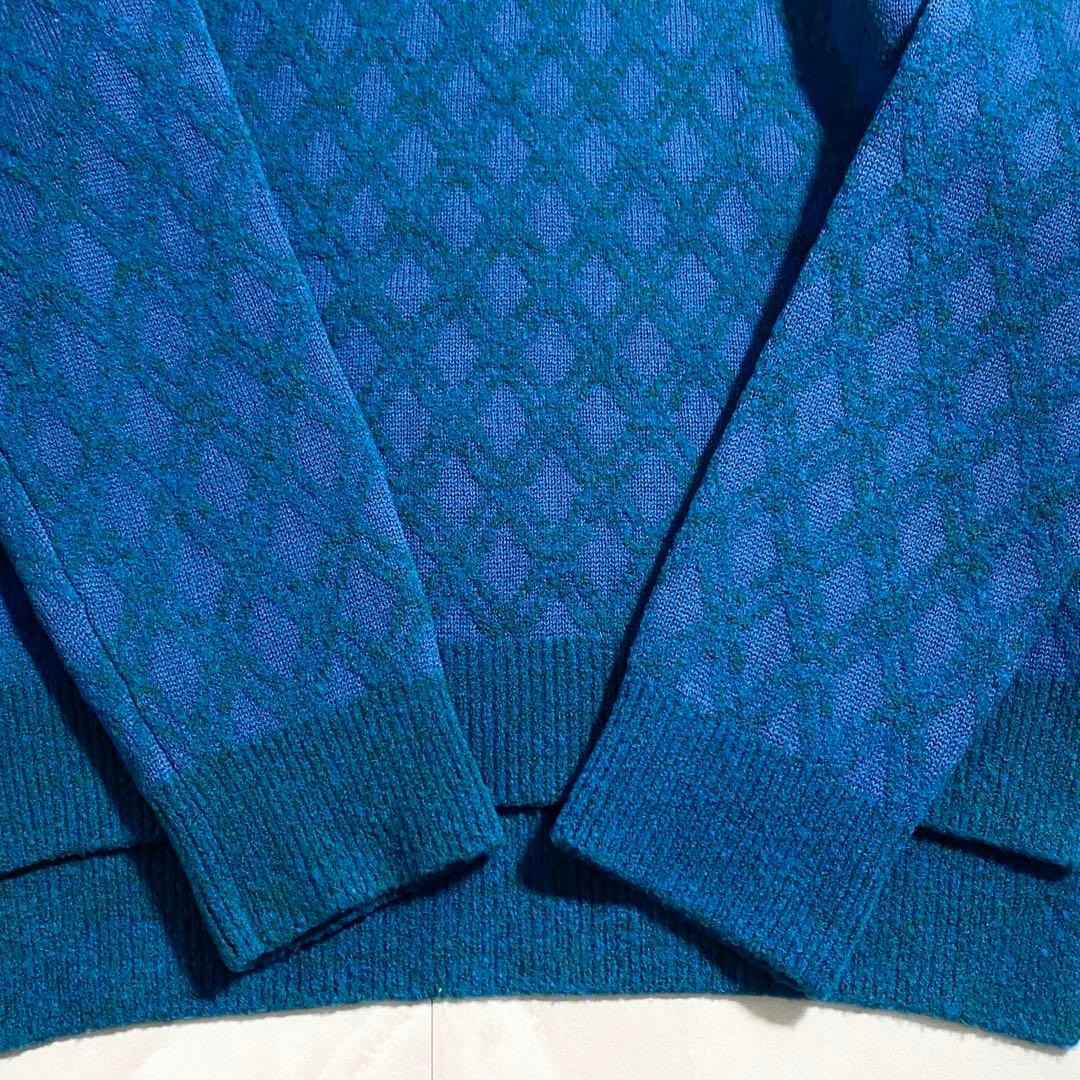 A18307 美品 マツフジ メランジジャカードクルーネックニット 青3