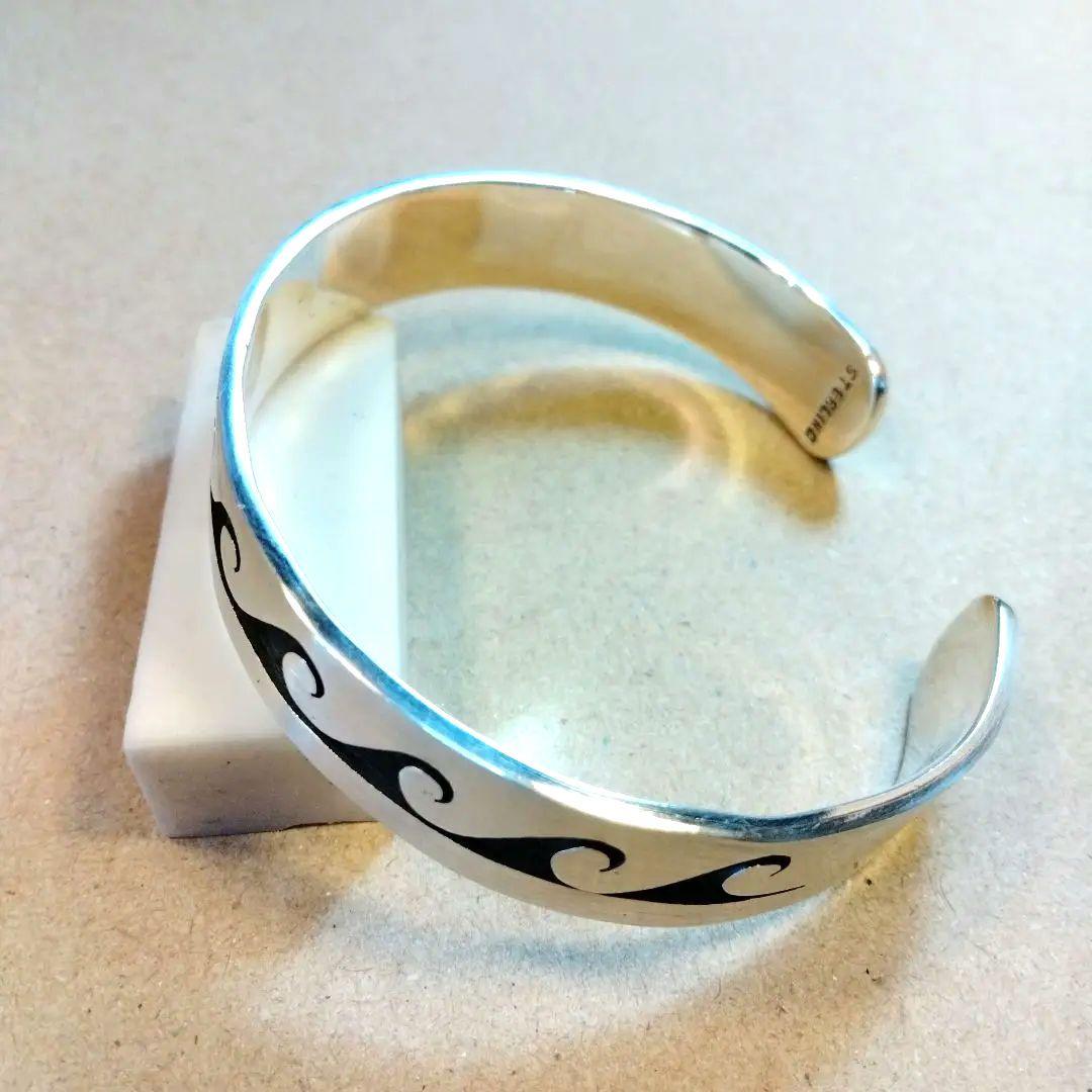 美品 ヴィンテージ ホピ族 オーバーレイ 波モチーフ シルバーカフバングル