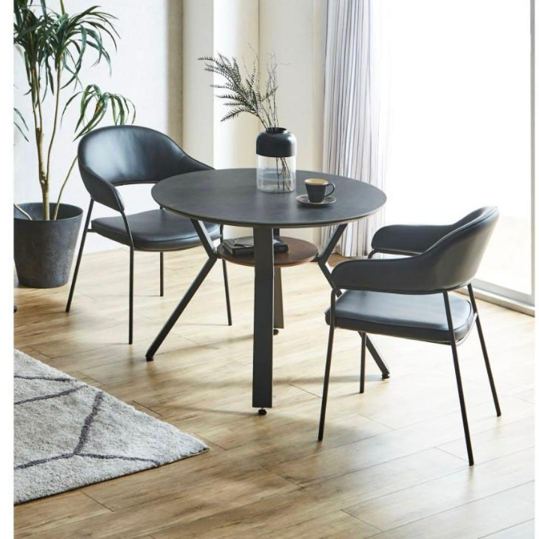 Kumackey　丸ダイニングテーブル　カフェテーブル　グレー　棚付き