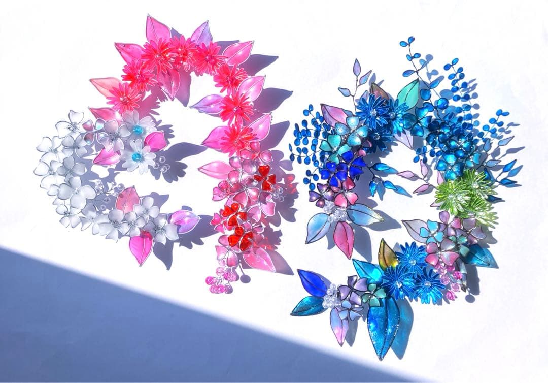 フラワーリース　ワイヤークラフト　ディップアート　青ボタニカルリース　アート