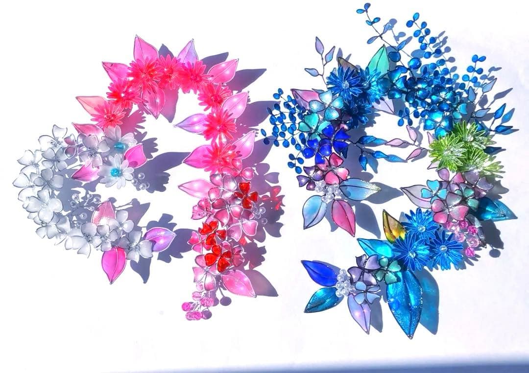 フラワーリース　ワイヤークラフト　ディップアート　青ボタニカルリース　アート