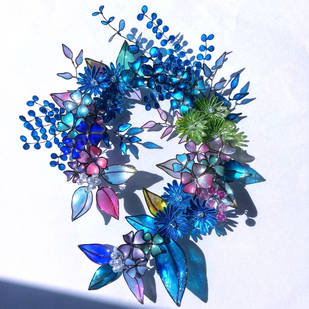 フラワーリース　ワイヤークラフト　ディップアート　青ボタニカルリース　アート