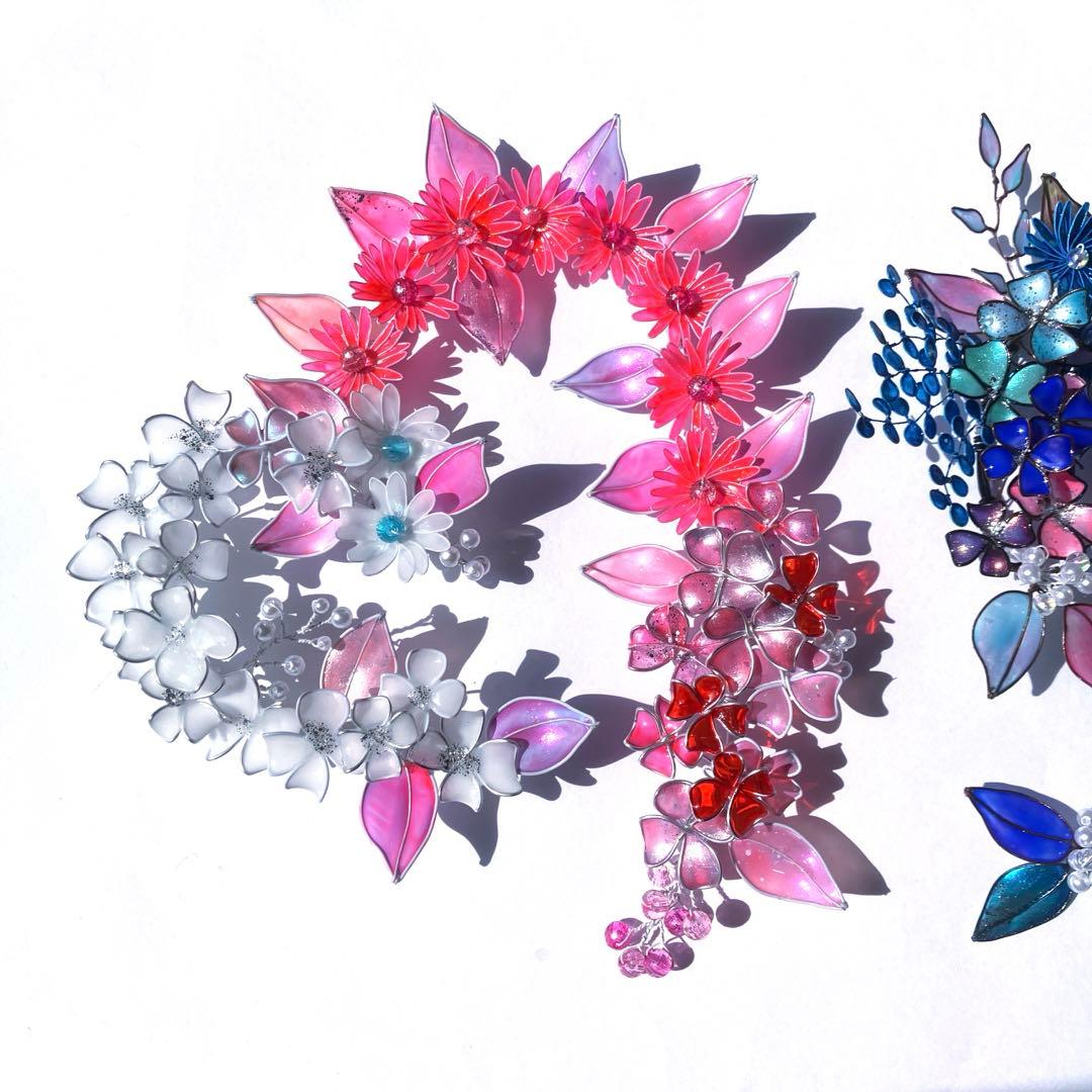 フラワーリース　ワイヤークラフト　ディップアート　青ボタニカルリース　アート