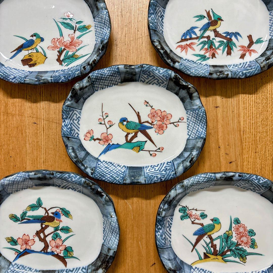九谷焼 幸山窯 花鳥絵変わり 4.8号皿揃 楕円皿 銘々皿 横幅 14.8cm