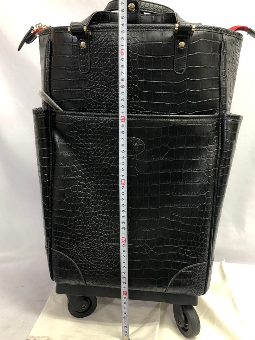 359】SWANY クロコ型押し キャリーバッグ 黒 ストッパー付き 美品