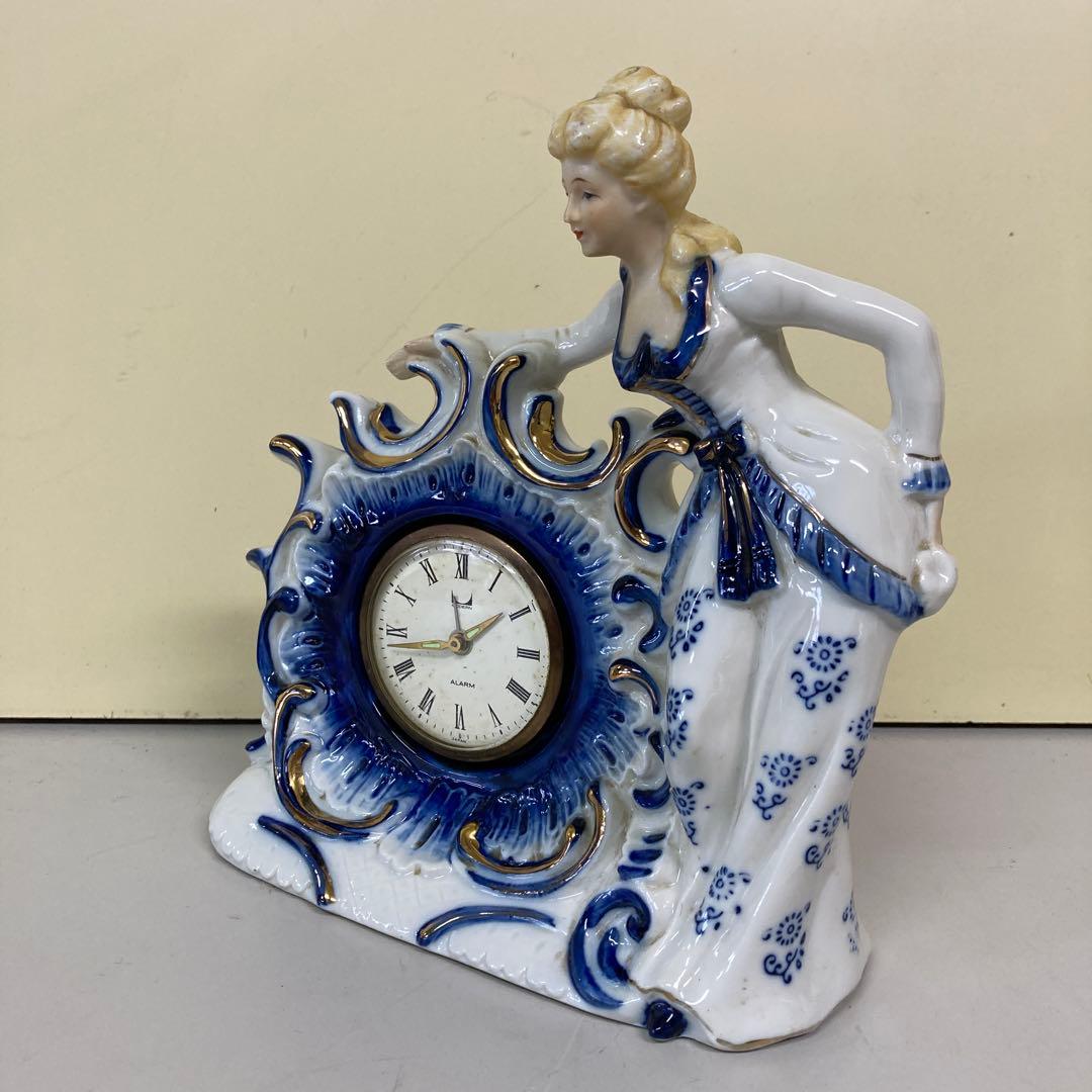 E3 ジャンク品 置き時計 陶器製 ロココ調 フィギュリン 貴婦人