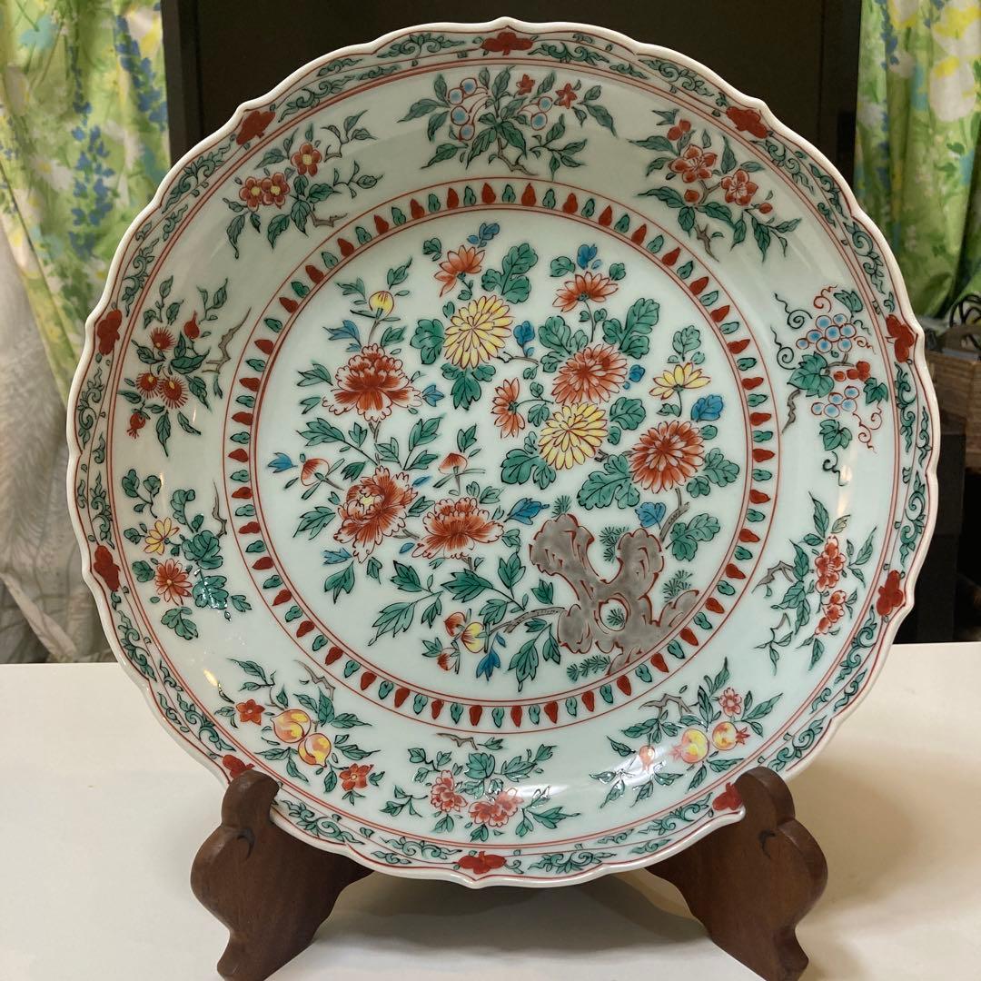 清水焼　平安一星作　彩色菊花大鉢　皿立て付き　直径30㎝　アンティーク