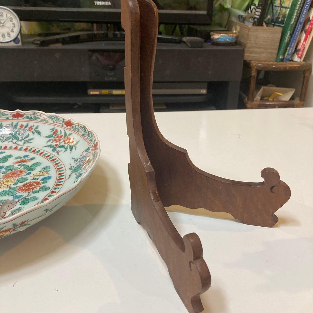 清水焼　平安一星作　彩色菊花大鉢　皿立て付き　直径30㎝　アンティーク