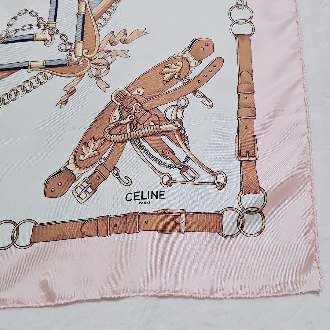 美品✨CELINE　セリーヌ　大判シルクスカーフ　ホース馬具柄　ピンク×ホワイト
