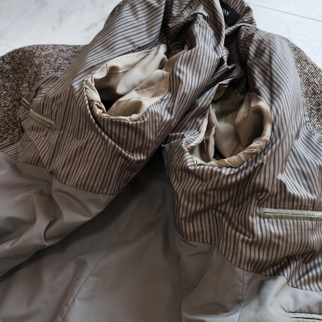 ヒューゴボス ツイードダブルブレストチェスターコート 52 XL ブラウン 秋冬