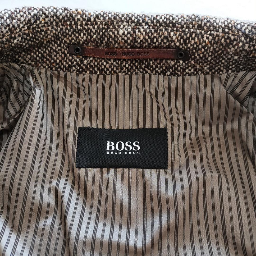 ヒューゴボス ツイードダブルブレストチェスターコート 52 XL ブラウン 秋冬