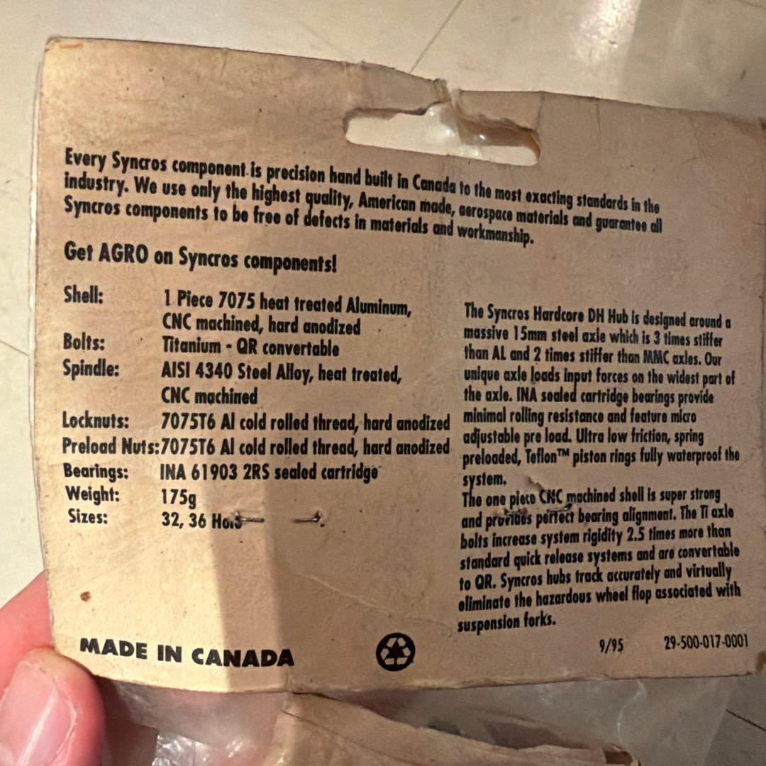 【新品】Syncros Hardcore DH フロントハブ　1995年カナダ製