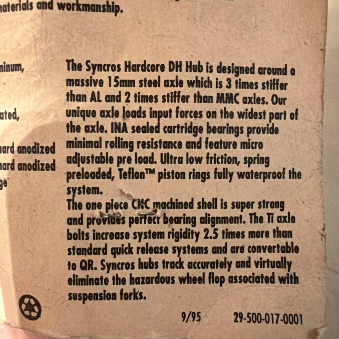 【新品】Syncros Hardcore DH フロントハブ　1995年カナダ製