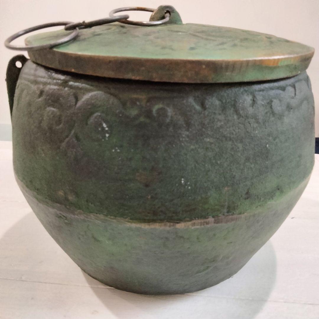 炭壺　鋳物　火消し壺　宝火消　金属器　緑色 uw01