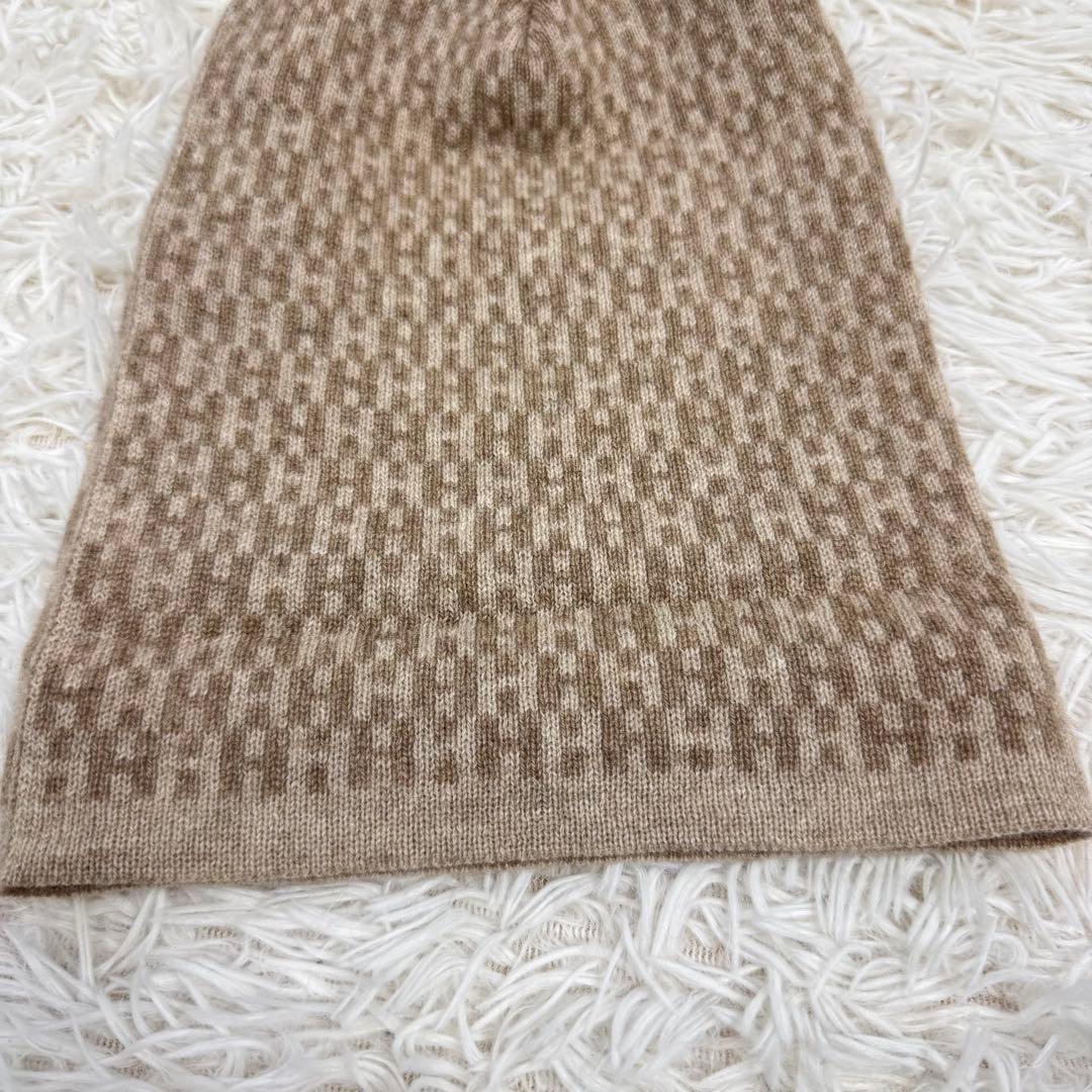【訳あり】HERMES ニット帽　Hロゴ　総柄　ベージュ　カシミア　穴